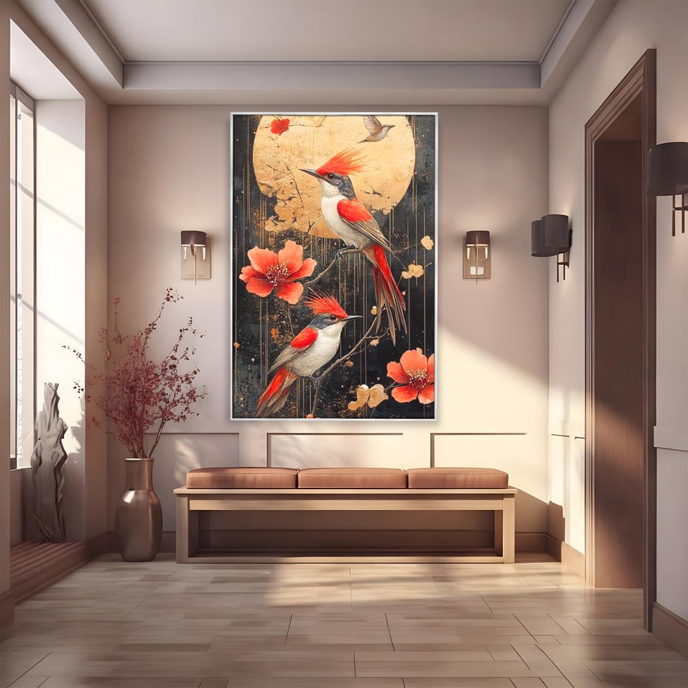 Tablou canvas cu tablou canvas cu pasari si flori rosii, in rama de aluminiu argintiu